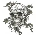 skull with a tree roots coming out of mouth of a skull and flames tattoo design idea