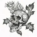 skull with a tree roots coming out of mouth of a skull and flames tattoo design idea