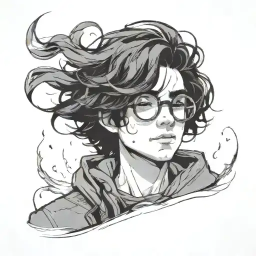 A young wizard wearing round glasses, with messy black hair and a faint lightning-shaped scar on his forehead.  tattoo design idea