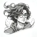 A young wizard wearing round glasses, with messy black hair and a faint lightning-shaped scar on his forehead.  tattoo design idea