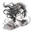 A young wizard wearing round glasses, with messy black hair and a faint lightning-shaped scar on his forehead.  tattoo design idea