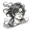 A young wizard wearing round glasses, with messy black hair and a faint lightning-shaped scar on his forehead.  tattoo design idea