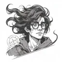 A young wizard wearing round glasses, with messy black hair and a faint lightning-shaped scar on his forehead.  tattoo design idea