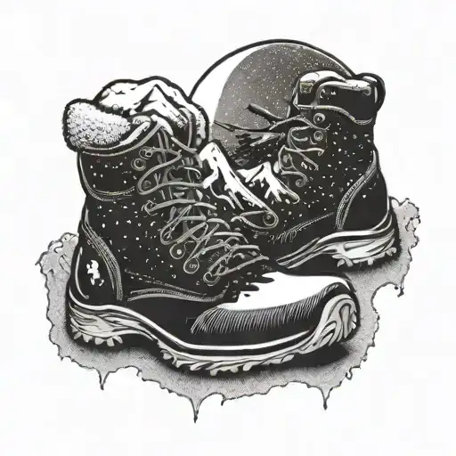 hiking boot snow globe with mountains inside the glovbe  tattoo design idea