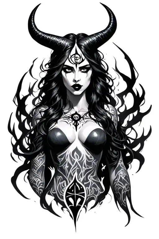 dark goddess lilith with the sigil of lilith in black on her forehead, horns, and dark lips, with power surrounding her tattoo design idea