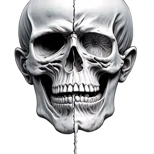 crying statue with half of the face a skull tattoo design idea