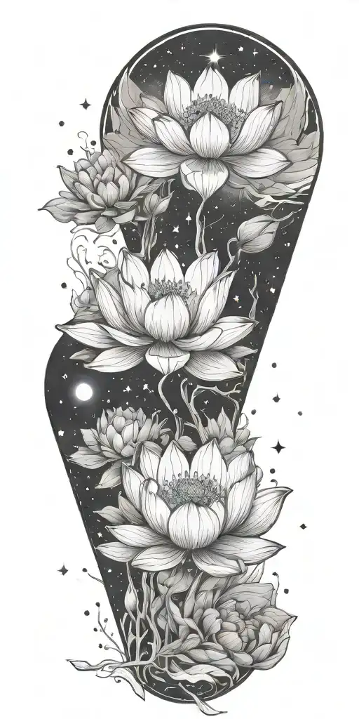 central lotus flower, celestial elements like stars and planets, sacred geometry, and serene landscapes such as mountain tattoo design idea