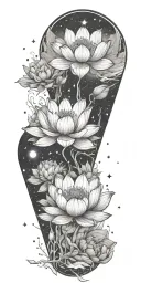 central lotus flower, celestial elements like stars and planets, sacred geometry, and serene landscapes such as mountain tattoo design idea