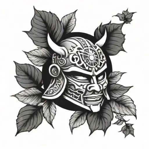a sun with mandarin letters with a samurai helmet and a radium around it with leaves tattoo design idea