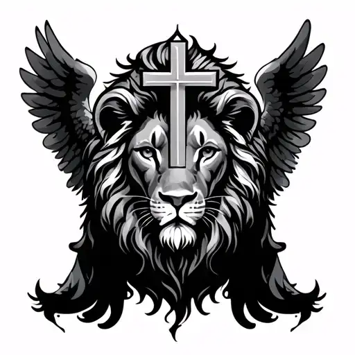 lion, cross, christian cross with angel wings tattoo design idea