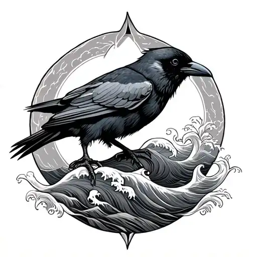 crow and farmer with a pure sign entwined, old swallow and waves flowing and Capricorn sign and losses, travel tattoo design idea