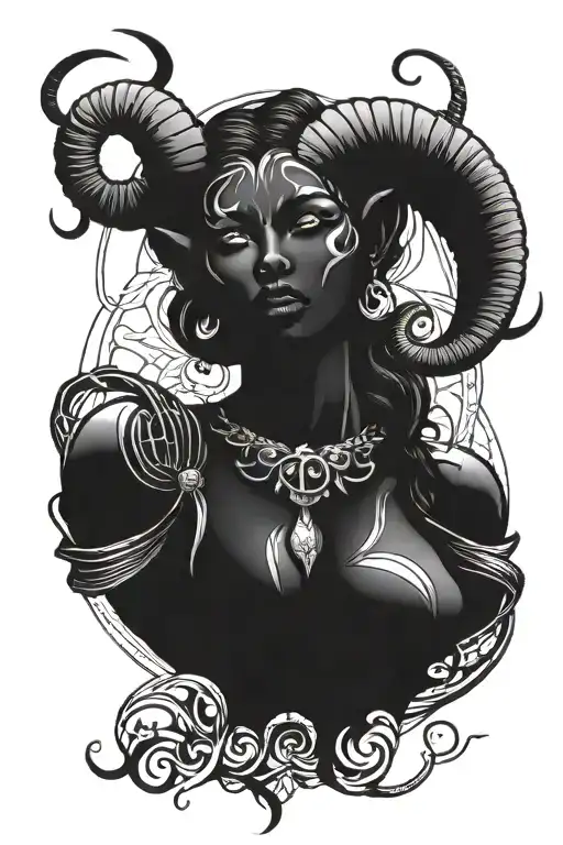 Aries black demon woman tattoo design idea
