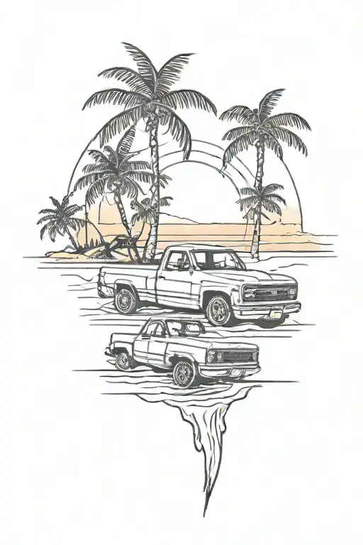 Chevy square body truck parked on the beach with a sunset and water in the background speedometer palm trees side tattoo design idea