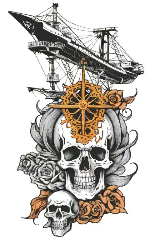 container ship with a crane and a skull and anchor tattoo design idea