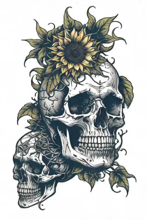 anatomically correct skull facing forward, sunflowers coming up behind skull, spider lillies bottom of skull tattoo design idea