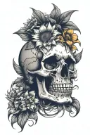 anatomically correct skull facing forward, sunflowers coming up behind skull, spider lillies bottom of skull tattoo design idea