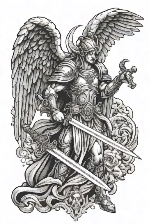 evil guardian angel with a sword tattoo design idea