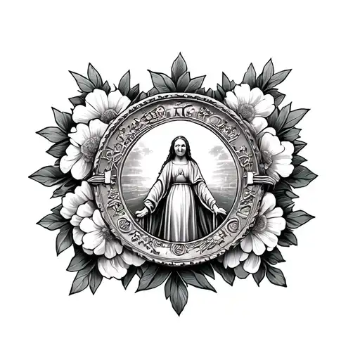 round miraculous medal surrounded with a circle of carnations  tattoo design idea