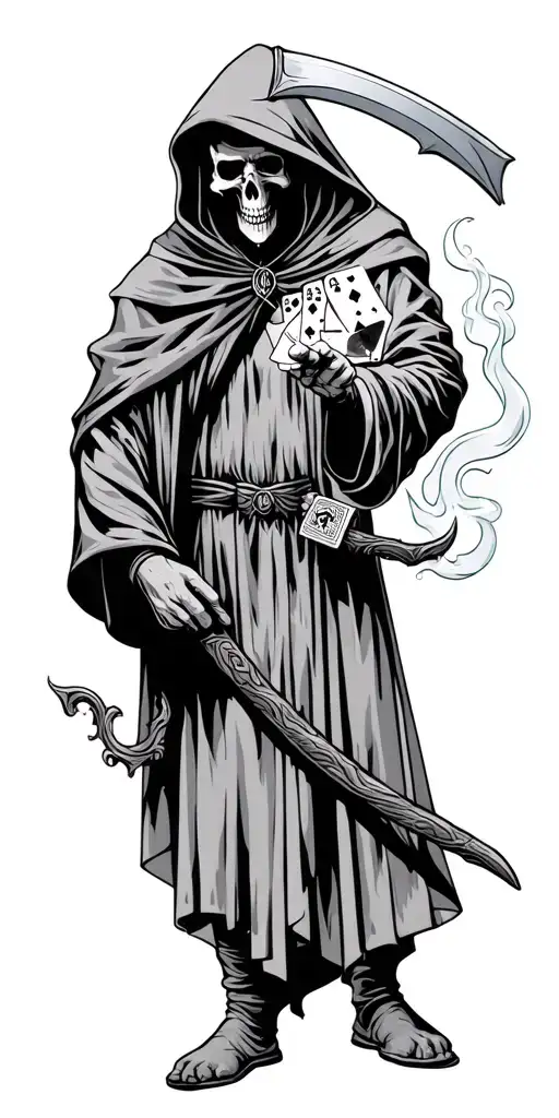 hooded reaper holding a scythe. with a pack of cards in hand. smoking a joint tattoo design idea