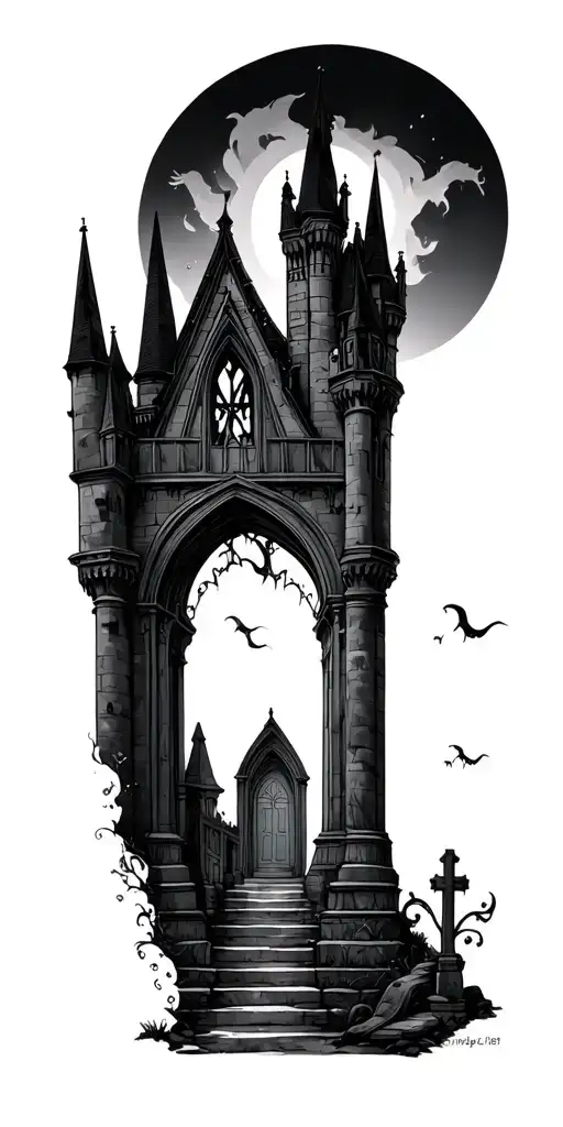 gothic castle, graveyard, script writing tattoo design idea