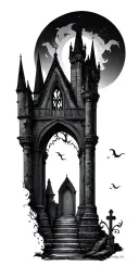 gothic castle, graveyard, script writing tattoo design idea