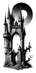 gothic castle, graveyard, script writing tattoo design idea