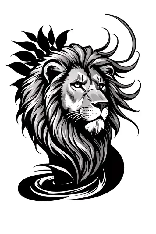 Lion head long mane with brisbane river flowing tattoo design idea