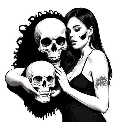 a woman with a skull instead of a face standing with a man's skull in her hand  tattoo design idea