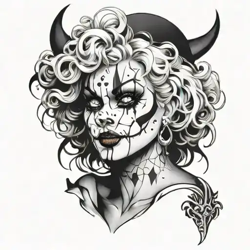 woman's face with clown make up and shadow that looks like a devil tattoo design idea