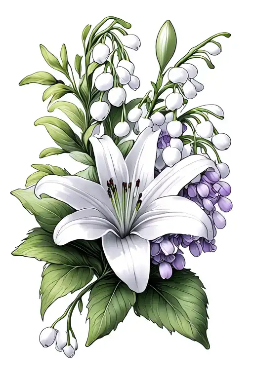 Lilac and lily of the valley flower tattoo design idea