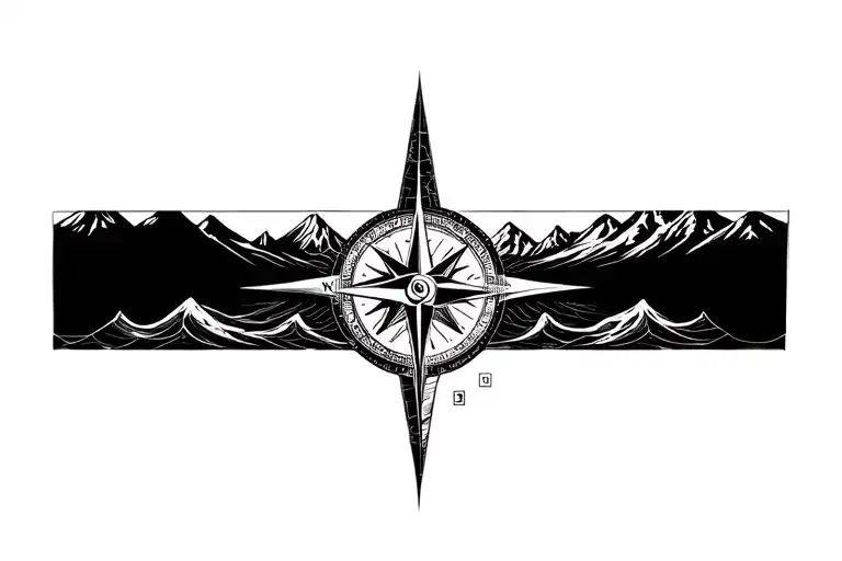 large compass with long north point surrounded by intricate geometric moutains and waves. black and white tattoo design idea
