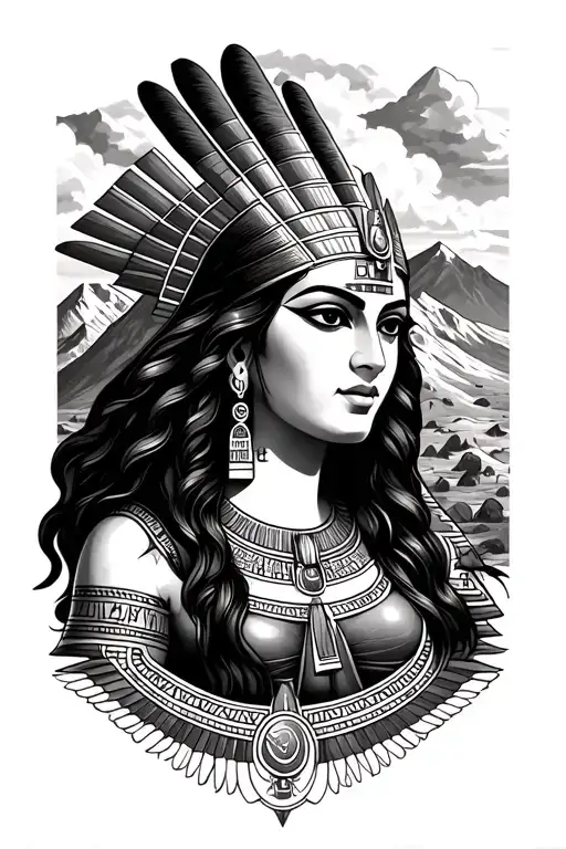 virgo zodiac sign surrounded my mountain with Egyptian Goddess Mut tattoo design idea