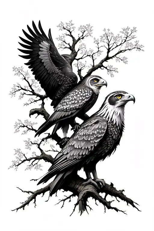 willow tree with eagle and owl perched tattoo design idea
