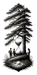 Pine forest wrap around and family tree and hour glass father with 3 kids and golf tattoo design idea