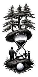 Pine forest wrap around and family tree and hour glass father with 3 kids and golf tattoo design idea