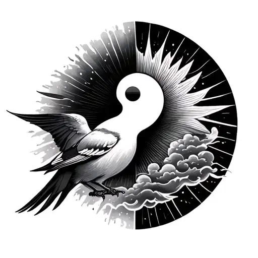 Clouds shades, bird with sun rays, all over to a ying yang tattoo design idea