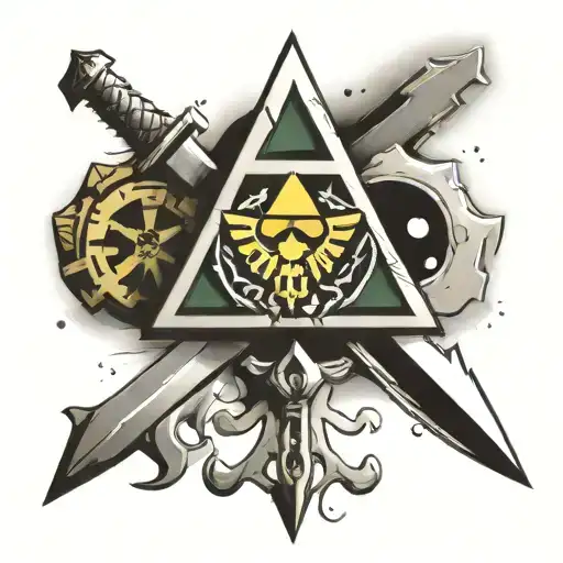Triforce symbol with elements from the game "The Legend of Zelda" and Link's sword tattoo design idea