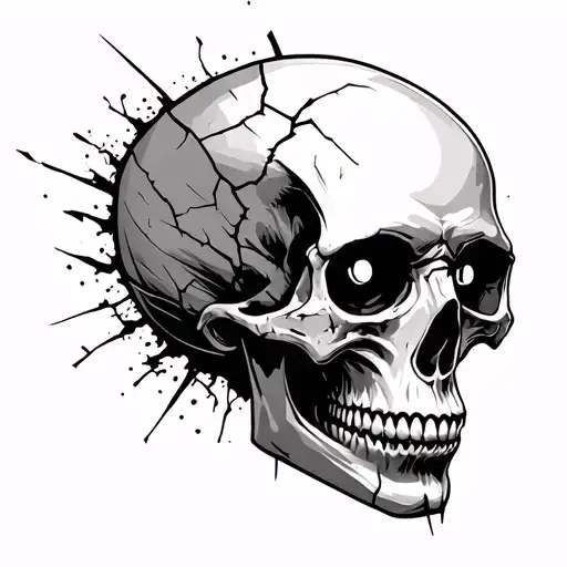 A stylized skull with one side cracked (BPD), one side blurred with chaotic motion lines (ADHD), and deep, empty eyes (P tattoo design idea