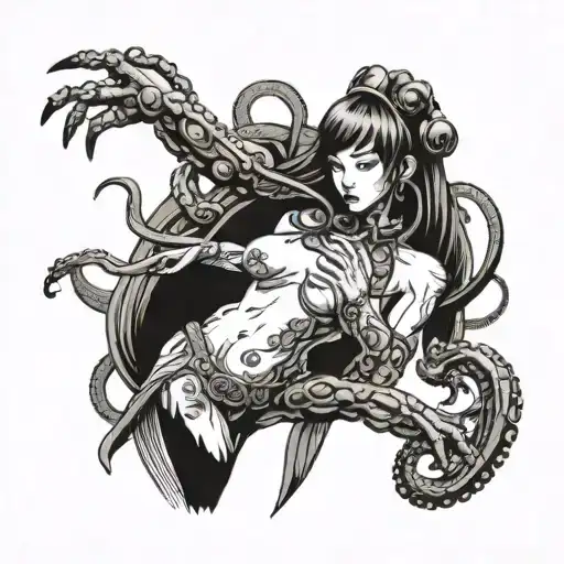 Octopus fight samurai girl nude woman holding tattoo design idea