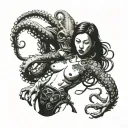 Octopus fight samurai girl nude woman holding tattoo design idea
