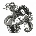 Octopus fight samurai girl nude woman holding tattoo design idea