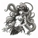 Octopus fight samurai girl nude woman holding tattoo design idea
