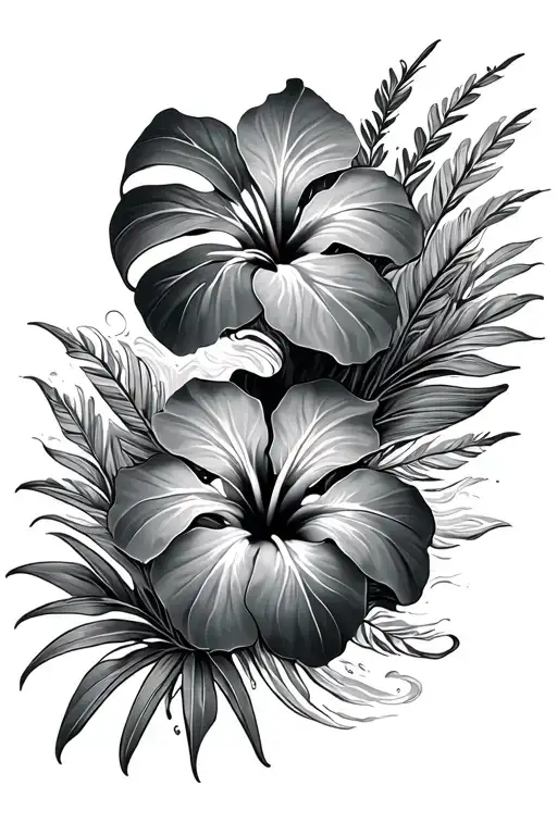 ocean waves, hibiscus flower, monstera leaves, tropical tattoo design idea