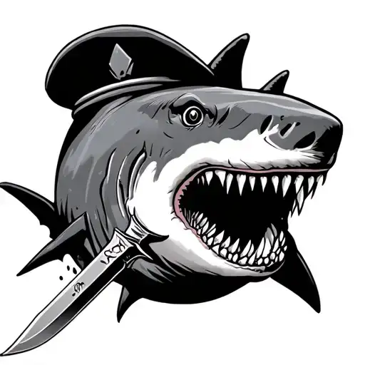 shark with a kabar knife in its mouth and beret on its head tattoo design idea
