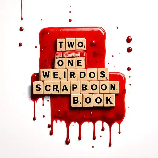 "TWO WEIRDOS, ONE SCRAPBOOK" spelled in slightly askew bloody scrabble tiles tattoo design idea