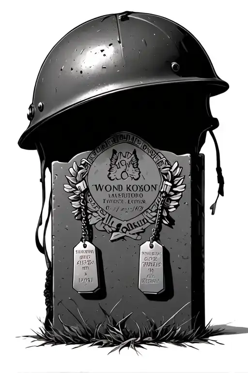 a world war 2 helmet with a tombstone and dog tags  tattoo design idea