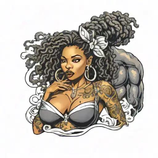 sexy Jamaican black girl, big boobs, seductive, siren, ocean, Afro centric, asian tattoo design idea