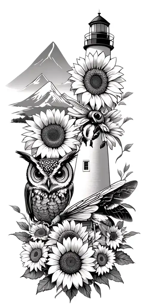 bumble bee, long ear owl, sunflowers, mountains, light house  tattoo design idea