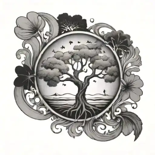 clean, modern arrangement of B with a tree, A with a heart, U with a star, and W with a wave, in a single horizontal row tattoo design idea