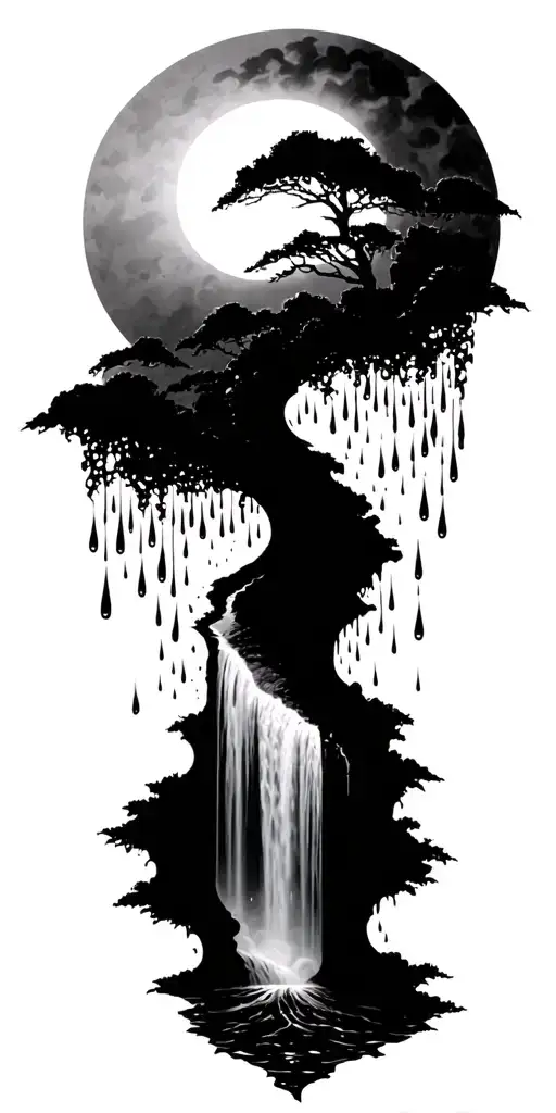 a sun melting into a waterfall that turns into rain drops tattoo design idea